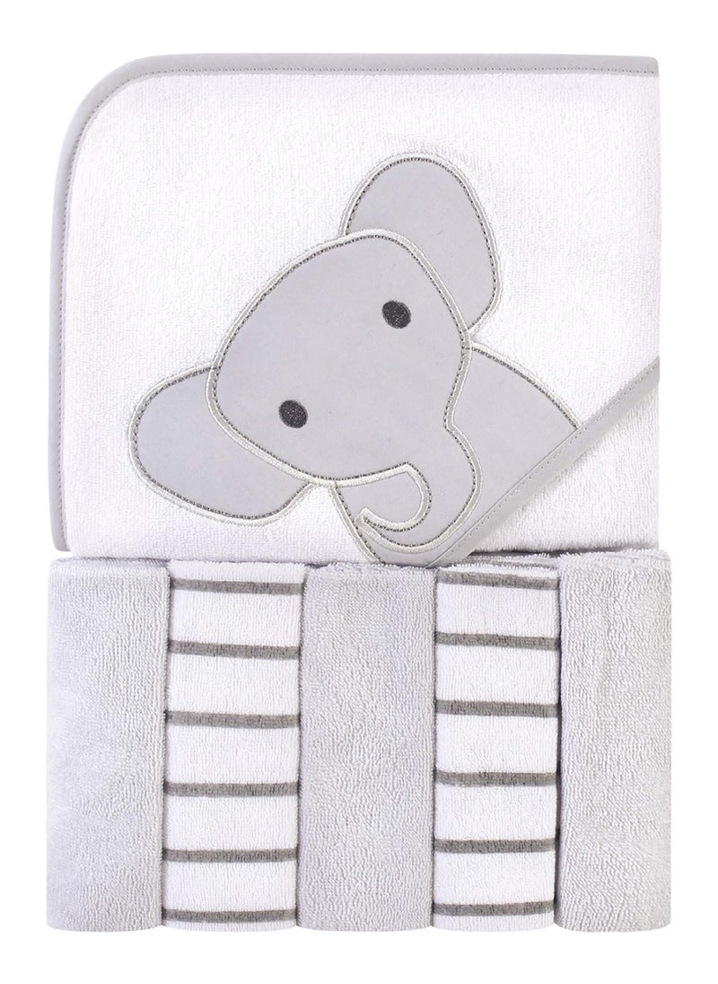 hudson baby - Unisex Baby Hooded Towel And Five Washcloths, Modern Elephant, One Size - Image 1