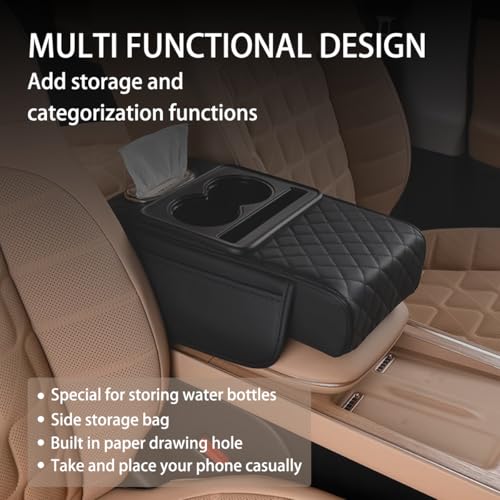 HZEL Car Center Console Cover, Leather Vehicle Armrest Cushion with Storage Bags, Cup Holder ＆ Tissue Box, Waterproof Auto Interior Arm Rest Seat Box Pad, Universal Fit (Black) - Image 3