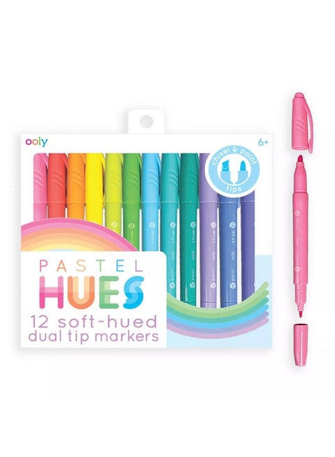 Pastel Hues Dual Tip Markers Set Of 12 Water Based Colored Markers Chisel Tip And Point Tip On Each Marker For Kids Double Ended Markers For Art Supplies & Stationery Sets [Chisel/Fine Tips]