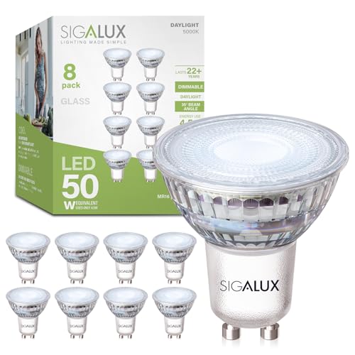 Sigalux GU10 LED Light Bulbs, Dimmable 5000K Daylight White Natural Light, 4.5W 450LM, MR16 LED Bulb Equivalent 50W Halogen Replacement, 35 Degree Spot for Track Light Bulb, Pack of 8 - Image 1
