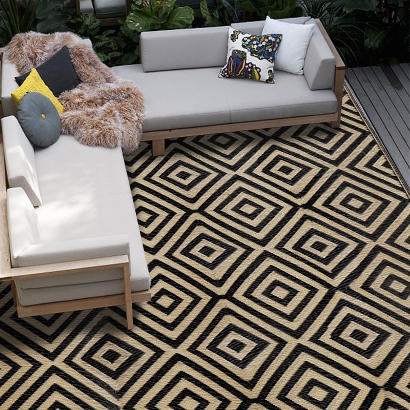 Ridota Ridota Reversible Floor Mats Patio Plastic Straw Rug Modern Area Rug for Outdoors RV Patio Backyard Deck Picnic Beach Trailer Camping Diamond Black  Beige 9 x 12 