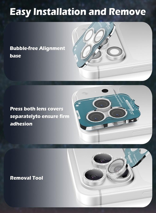 imluckies Camera Lens Protector for iPhone 17 Pro/iPhone 17 Pro Max, AR+AF Tempered Glass & 9H Hardness Shatterproof, HD Clear Metal Sparkle Lens Cover with Installation Tray 2025, Bling Sliver - Image 5