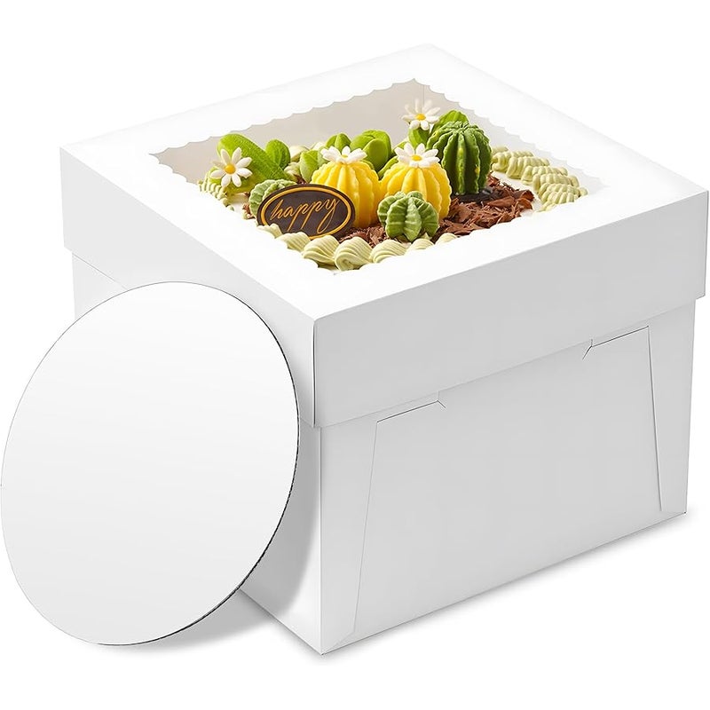 BXIHUR 3pcs Cake Boxes, 10x10x8 Inch Cake Box With Viewing Window and Cake Board and Stickers, Tall Cake Box, Suitable for Birthday, Party, Wedding, Banquet - Image 1