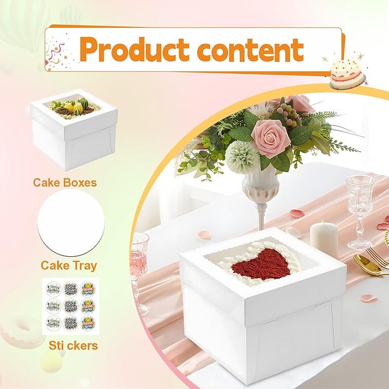 BXIHUR 3pcs Cake Boxes, 10x10x8 Inch Cake Box With Viewing Window and Cake Board and Stickers, Tall Cake Box, Suitable for Birthday, Party, Wedding, Banquet - Image 2