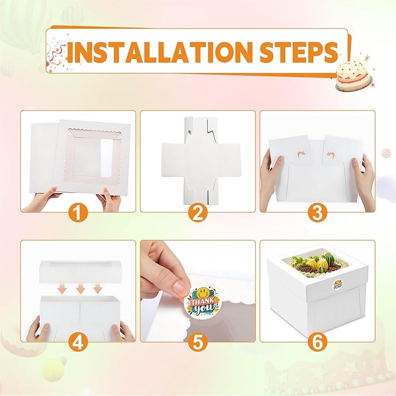 BXIHUR 3pcs Cake Boxes, 10x10x8 Inch Cake Box With Viewing Window and Cake Board and Stickers, Tall Cake Box, Suitable for Birthday, Party, Wedding, Banquet - Image 5