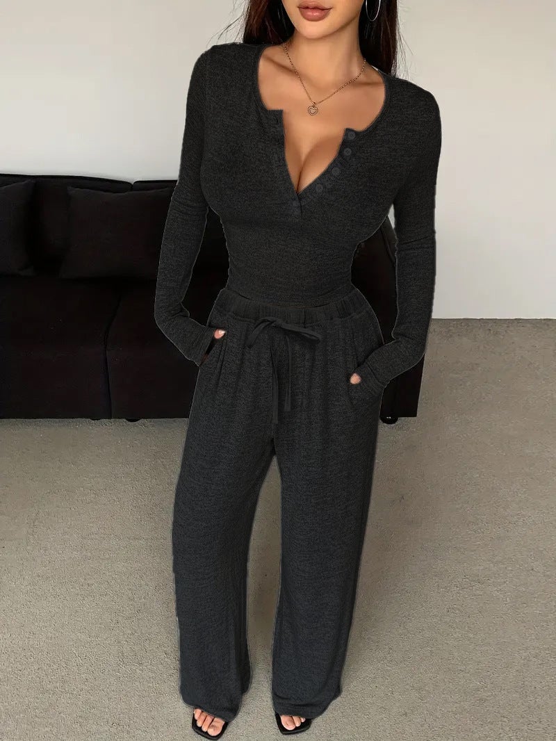 2024 Europe and the United States cross-border autumn new suit long sleeve with buckle solid color tights jacket plus trousers two-piece women Black - Image 1