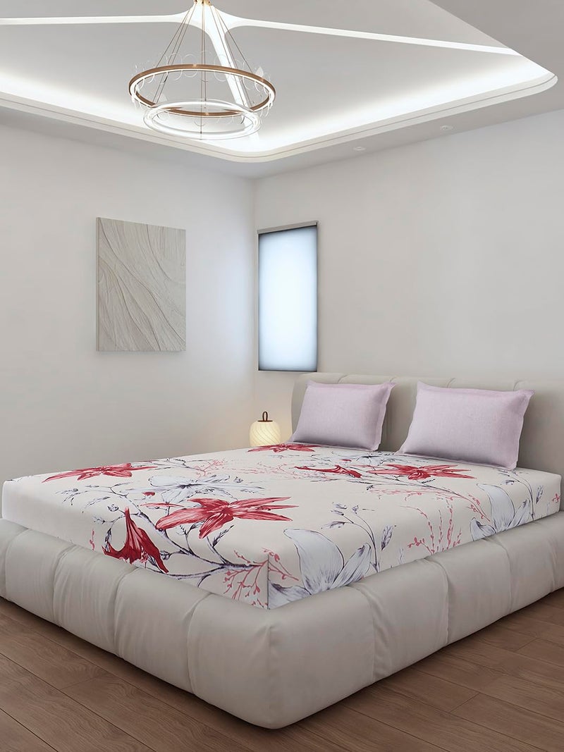 Monte Carlo Off White Printed King Size 130 GSM 1 Fitted Bedsheet with 2 Pillow Cover - Image 1