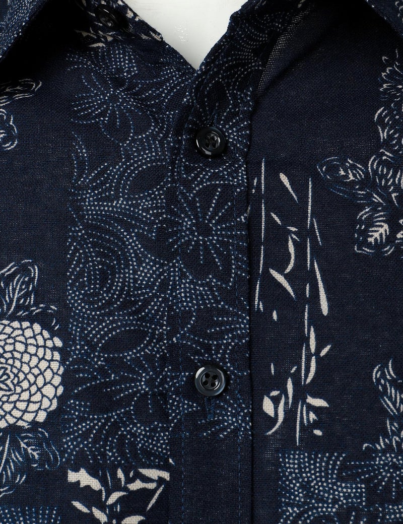 PARKLEES Men's Floral Printed Long Sleeve Shirts Retro Pattern Printed Cotton Linen Button Down Shirt Blue Leaves Large - Image 4