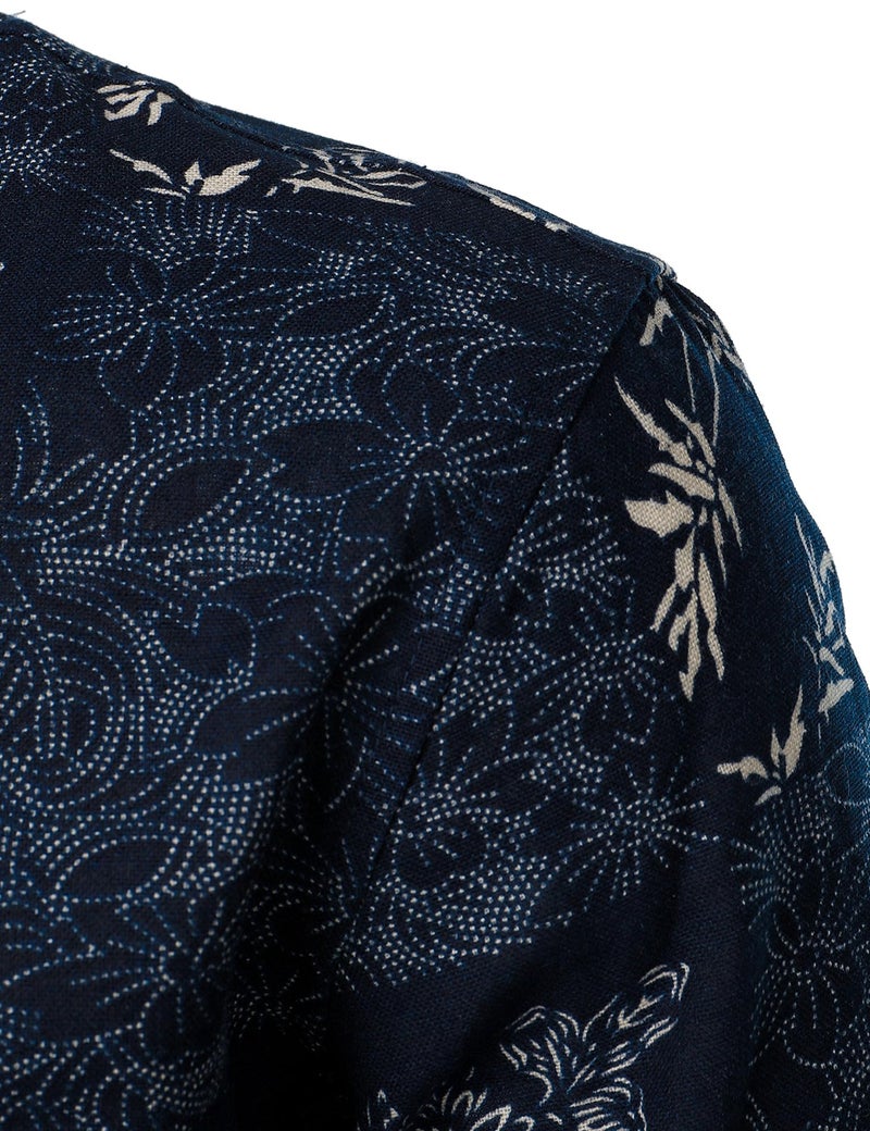 PARKLEES Men's Floral Printed Long Sleeve Shirts Retro Pattern Printed Cotton Linen Button Down Shirt Blue Leaves Large - Image 5
