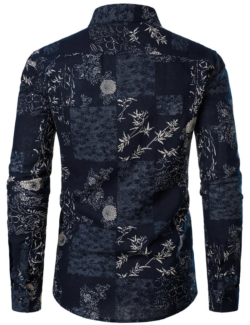 PARKLEES Men's Floral Printed Long Sleeve Shirts Retro Pattern Printed Cotton Linen Button Down Shirt Blue Leaves Large - Image 3