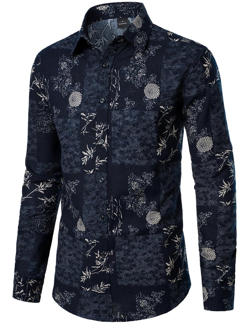 PARKLEES Men's Floral Printed Long Sleeve Shirts Retro Pattern Printed Cotton Linen Button Down Shirt Blue Leaves Large - Image 2