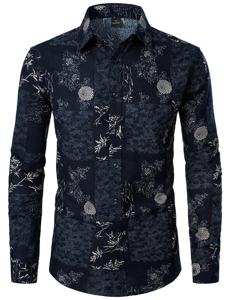 PARKLEES Men's Floral Printed Long Sleeve Shirts Retro Pattern Printed Cotton Linen Button Down Shirt Blue Leaves Large - Image 1
