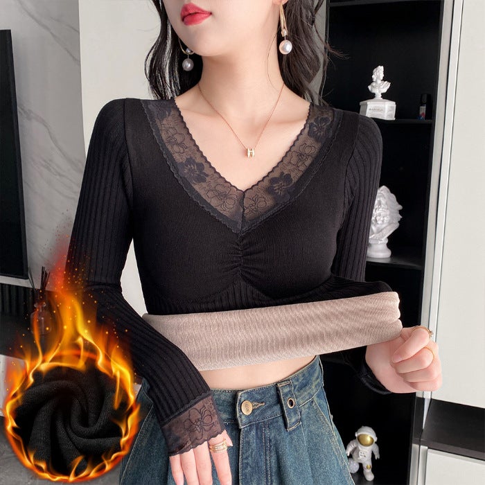 Thermal Underwear with Chest Pad Womens fleece-lined Thickened Lace Stitching V-Neck Autumn Long-Sleeved Slim-Fit Base Shirt Top for Winter Apricot - Image 4