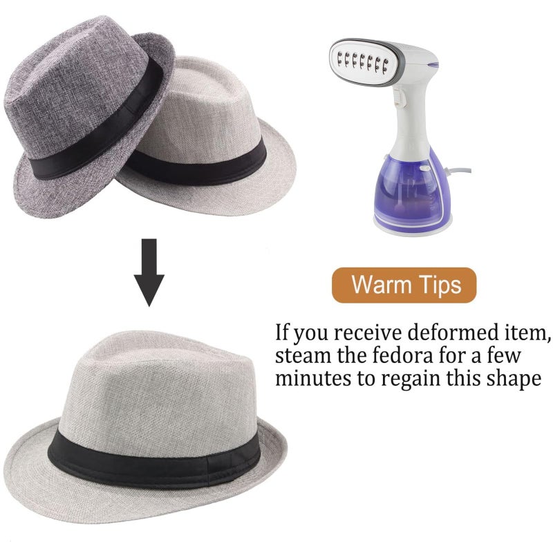 Ultrafun 5 Pack Short Brim Fedora Classic Summer Beach Sun Hat Panama Straw Cap for Men Women (5Pack-Black+White+Khaki+Blue+Wine Red) - Image 4
