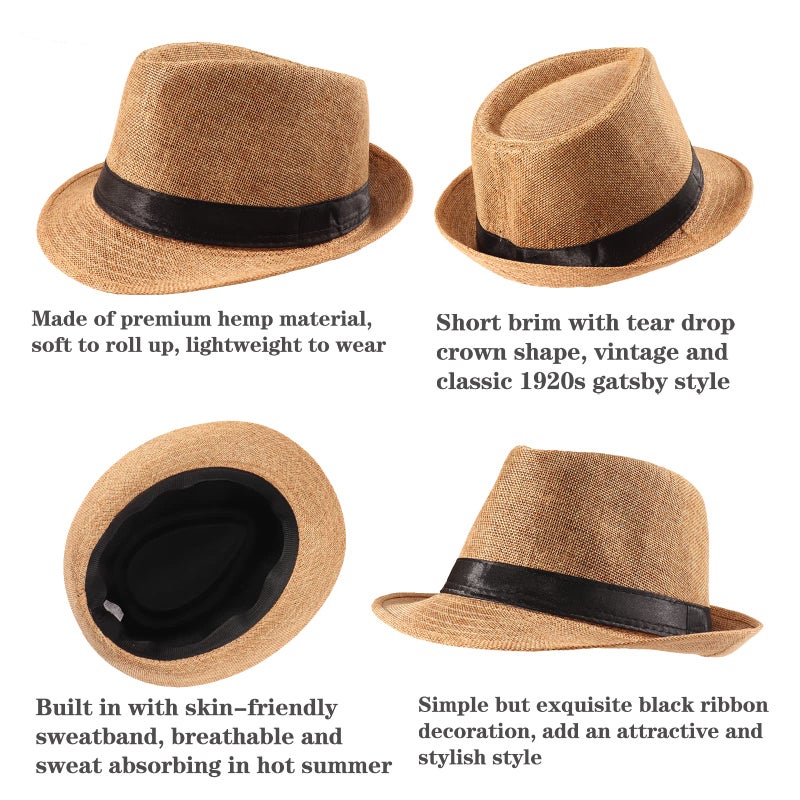 Ultrafun 5 Pack Short Brim Fedora Classic Summer Beach Sun Hat Panama Straw Cap for Men Women (5Pack-Black+White+Khaki+Blue+Wine Red) - Image 3
