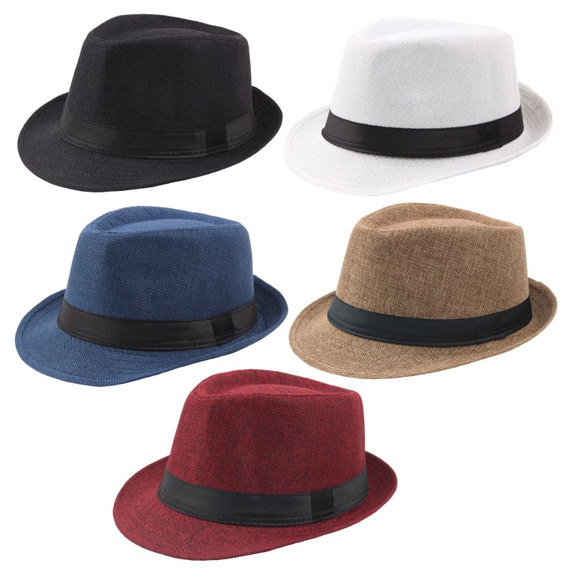 Ultrafun 5 Pack Short Brim Fedora Classic Summer Beach Sun Hat Panama Straw Cap for Men Women (5Pack-Black+White+Khaki+Blue+Wine Red) - Image 1