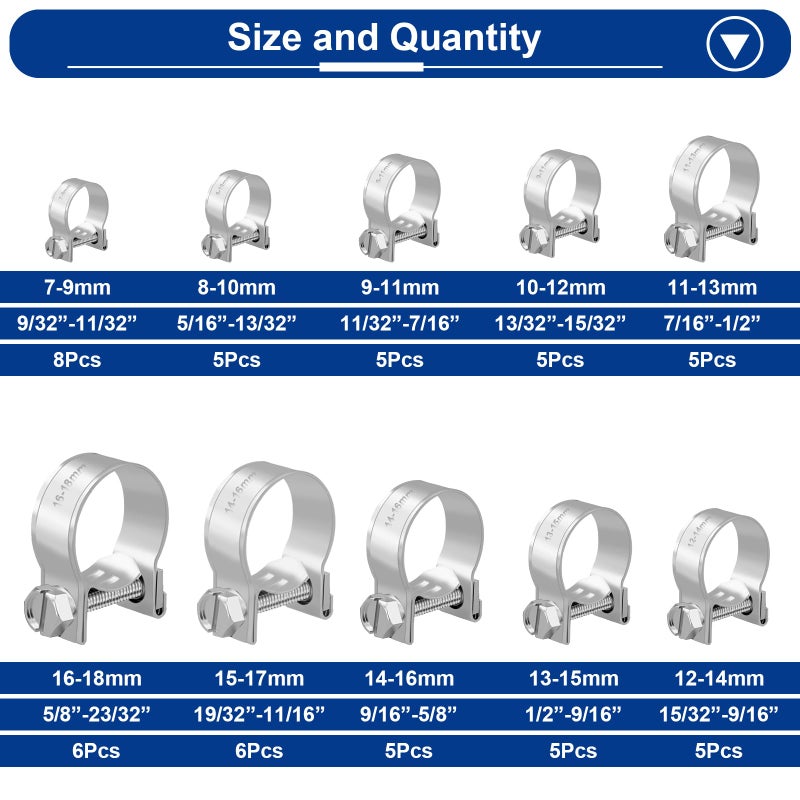 Tnisesm 55PCS Mini Fuel Injection Hose Clamps Adjustable 718mm 10 Sizes 304 Stainless Steel Fuel Line Clamps Assortment KitHoses Clamps Sleevingfor Automotive Diesel Petrol Pipe - Image 4