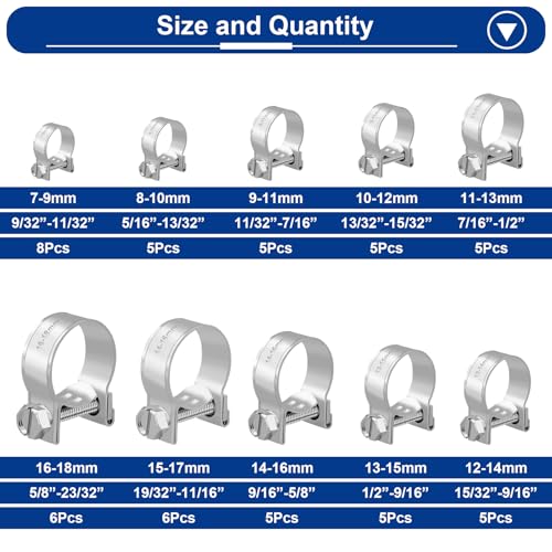 Tnisesm 55PCS Mini Fuel Injection Hose Clamps Adjustable 718mm 10 Sizes 304 Stainless Steel Fuel Line Clamps Assortment KitHoses Clamps Sleevingfor Automotive Diesel Petrol Pipe - Image 3