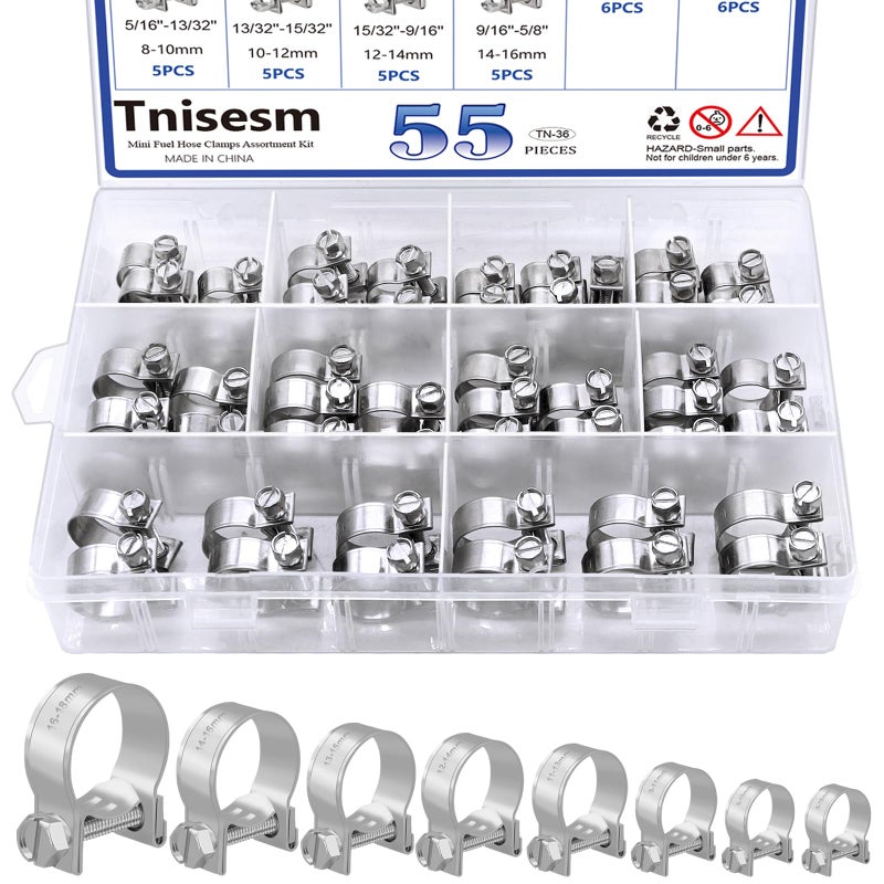 Tnisesm 55PCS Mini Fuel Injection Hose Clamps Adjustable 718mm 10 Sizes 304 Stainless Steel Fuel Line Clamps Assortment KitHoses Clamps Sleevingfor Automotive Diesel Petrol Pipe - Image 2