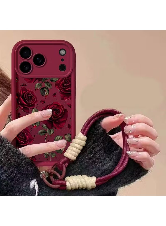 تيمو غطاء حماية للهاتف مصمم لهاتف  iphone 17 Pro Max، يتميز بمادة TPU ناعمة مع نمط زهري عتيق من الورود الحمراء ويشتمل على حبل قصير، حافظة وردية، غطاء مريح