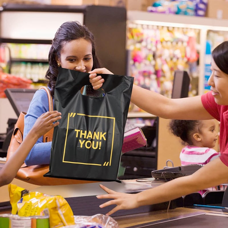 GoClimber 100 Pack Die Cut Plastic Shopping Bags with Thank You Logo 9x11.5 Merchandise Extra Thick Glossy Bags with Handles for Retail, Boutique, Merchandise, Gifts, Trade Shows - Image 5