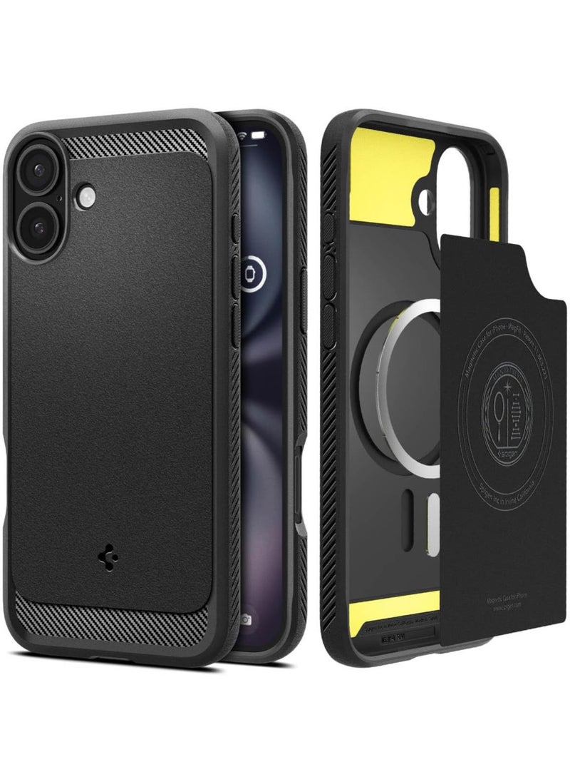 Spigen - غطاء Rugged Armor MagFit لهاتف iPhone 16 مزود بنسيج MagSafe وألياف الكربون (2024) - أسود غير لامع - Image 1