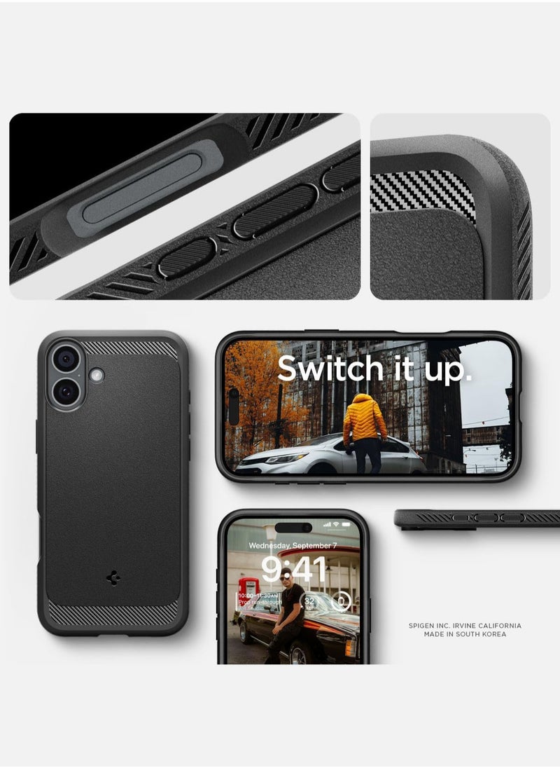 Spigen - غطاء Rugged Armor MagFit لهاتف iPhone 16 مزود بنسيج MagSafe وألياف الكربون (2024) - أسود غير لامع - Image 1