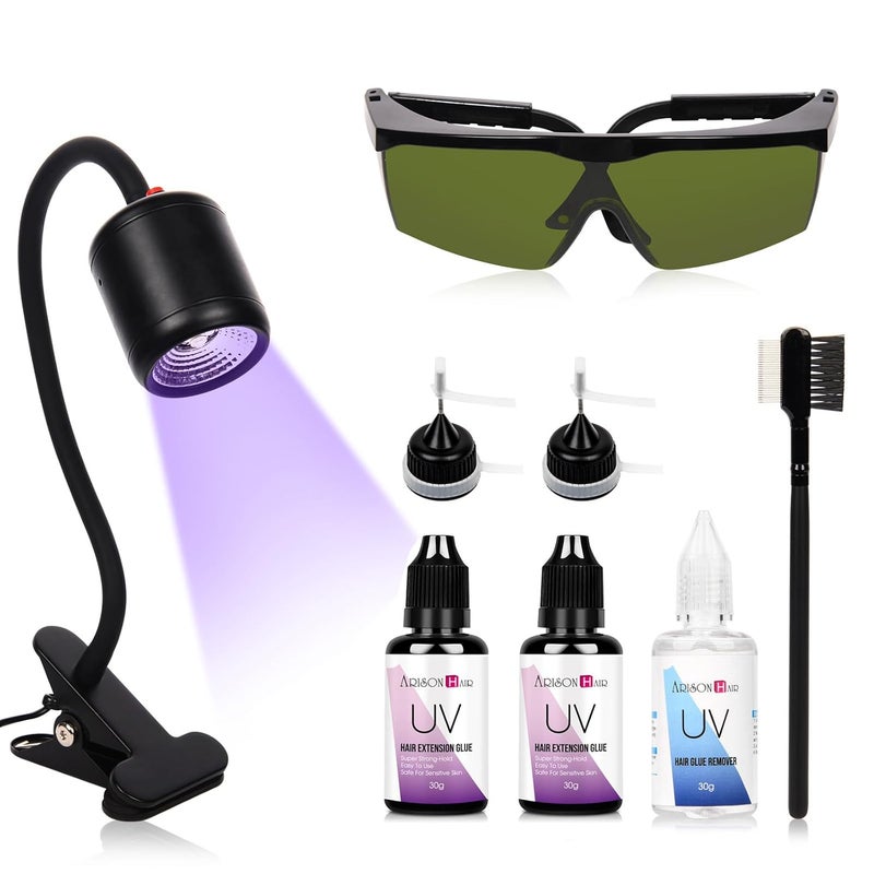 ARISON LASHES Arison Hair UV Glue V Light Kit Tools Clear Glue UV Lamp Wig Extensions 2 Bottles 30g Glue 30g Remover Professional Hairdresser