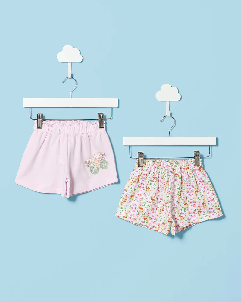 Redtag Infant Girls Lilac Placement Print Shorts & White All Over Print Shorts Pack Of 2