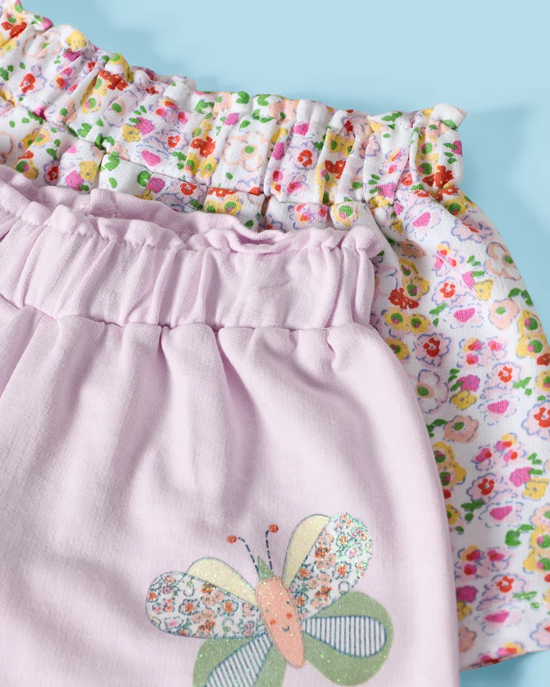 Redtag Infant Girls Lilac Placement Print Shorts & White All Over Print Shorts Pack Of 2