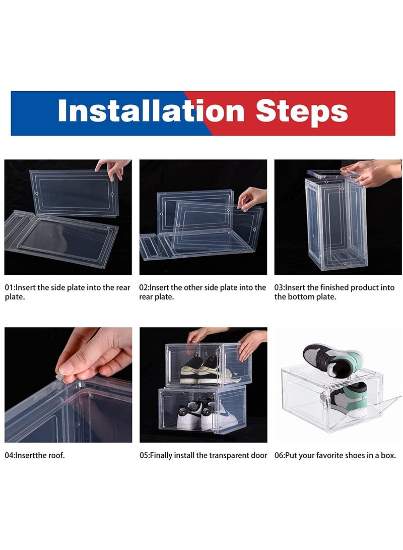 Arabest Shoe Storage Box, 6 Pack Shoe Box Clear Plastic Stackable, Shoe Storage with Magnetic Front Door, Sturdy Durable Plastic Shoe Organizer, for Shoe Containers, Shoe Display Case(34*27*19) (White) - Image 3