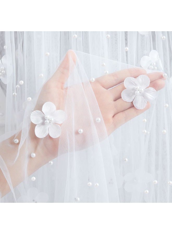 B.Cool 3D White Flower Pearl Tulle Fabric 3 Yard DIY Crafts Sheer Mesh Fabric for Romantic Wedding Table Decorations Arch Veil Clothes - Image 1
