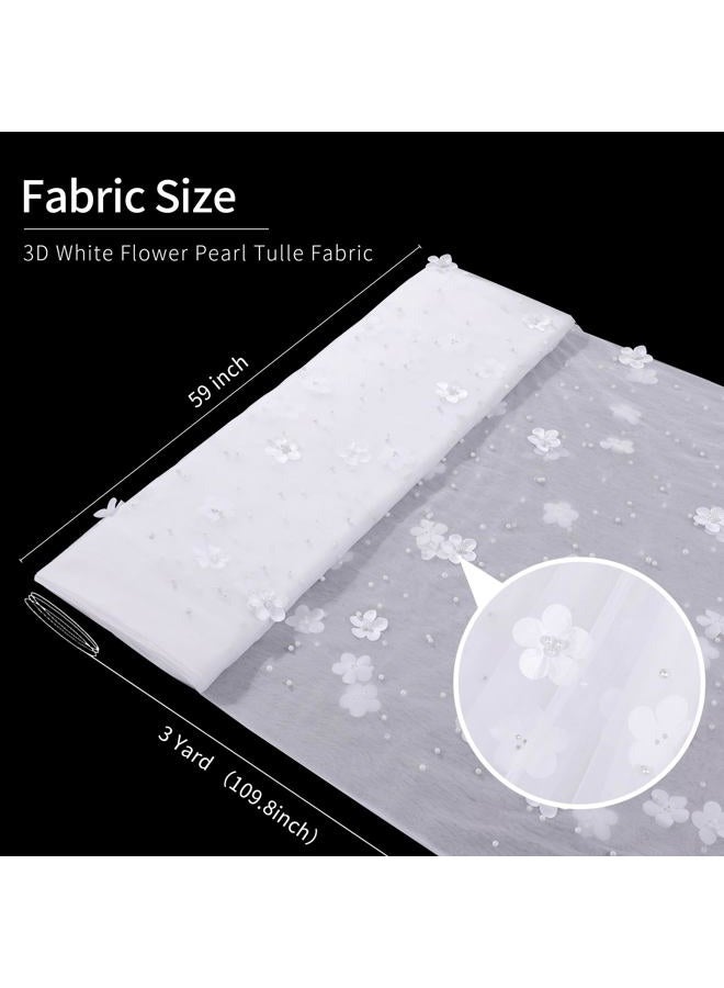 B.Cool 3D White Flower Pearl Tulle Fabric 3 Yard DIY Crafts Sheer Mesh Fabric for Romantic Wedding Table Decorations Arch Veil Clothes - Image 3