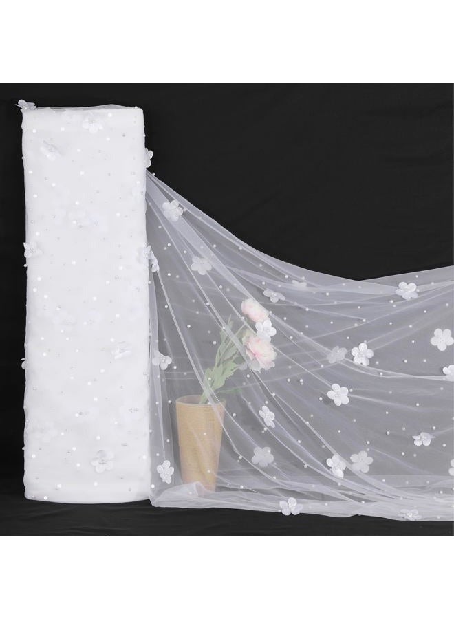 B.Cool 3D White Flower Pearl Tulle Fabric 3 Yard DIY Crafts Sheer Mesh Fabric for Romantic Wedding Table Decorations Arch Veil Clothes - Image 2