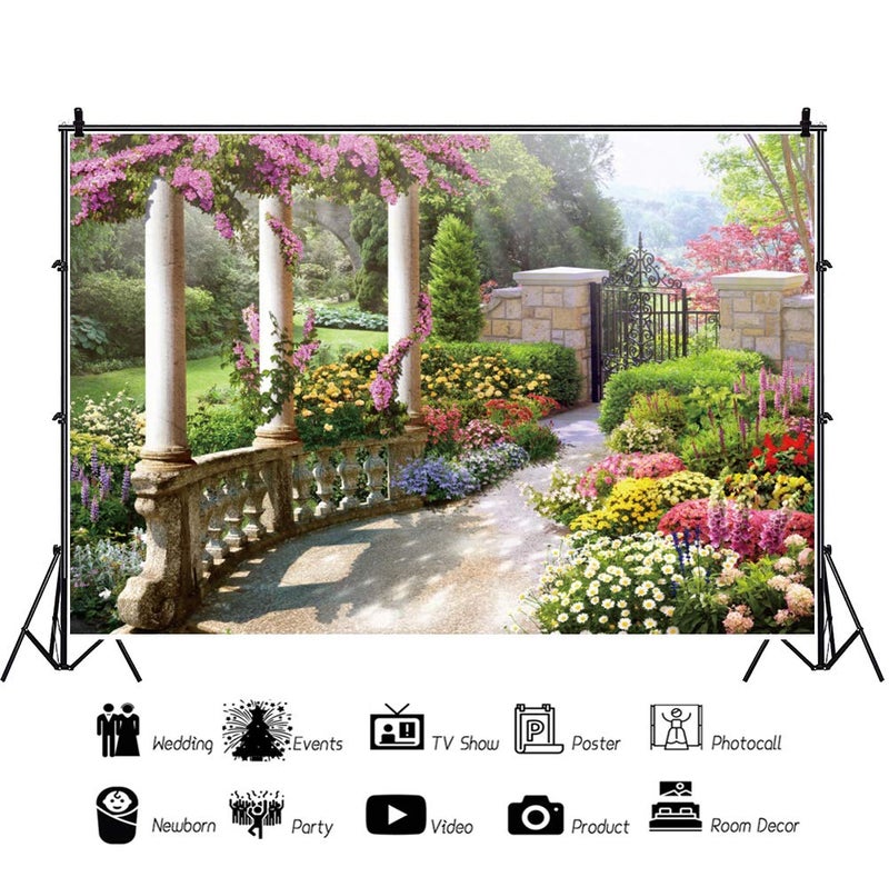 DORCEV 5x3ft Spring Beautiful Garden Photography Backdrop Vintage Garden Architecture Pillars Blooming Flowers Background Outdoor Wedding Portraits Photo Studio Props Wallpaper - Image 2