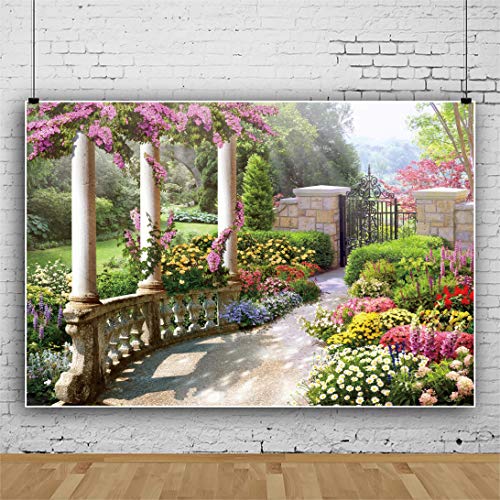 DORCEV 5x3ft Spring Beautiful Garden Photography Backdrop Vintage Garden Architecture Pillars Blooming Flowers Background Outdoor Wedding Portraits Photo Studio Props Wallpaper - Image 3