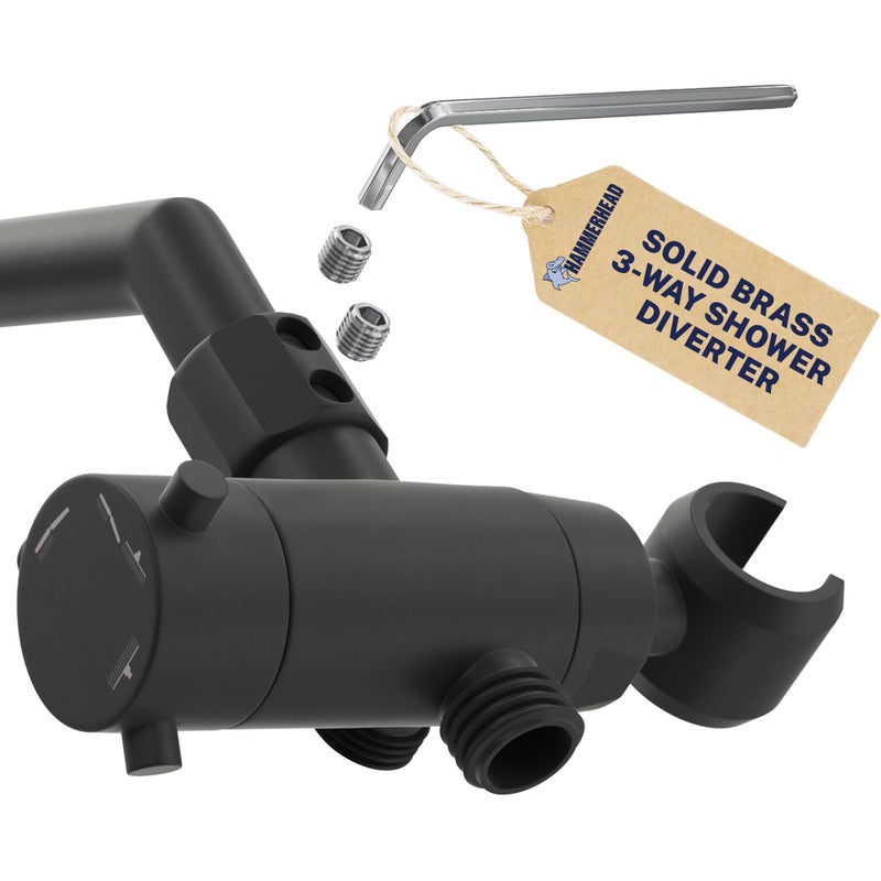 HammerHead Showers Solid Metal 3Way Shower Diverter Valve with Shower Head Holder Universal Splitter for Handheld Spray Wand and Rain Showerhead Matte Black - Image 2