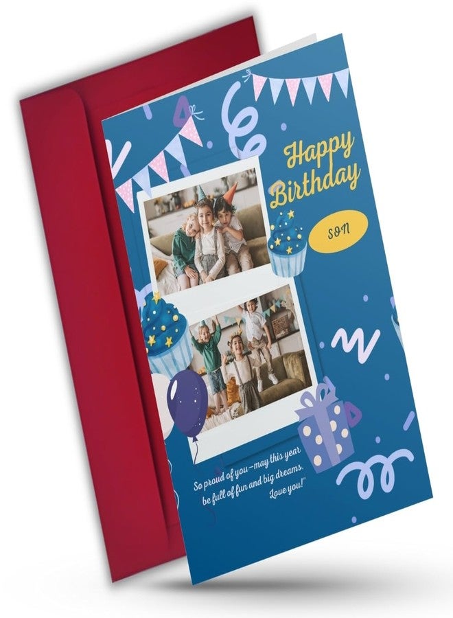 AanyaCentric® Customized Birthday Greeting Card with Photos for Son | A5 Size (5.8 x 8.3 inch) | Preprinted Message | Includes Red Envelope - Image 1