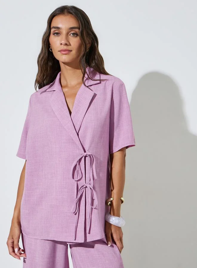 Styli Purple Solid Notch Lapel Tie Top and Wide Leg Pants Co-Ords