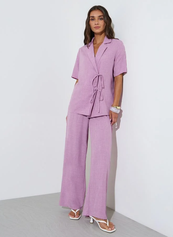 Styli Purple Solid Notch Lapel Tie Top and Wide Leg Pants Co-Ords