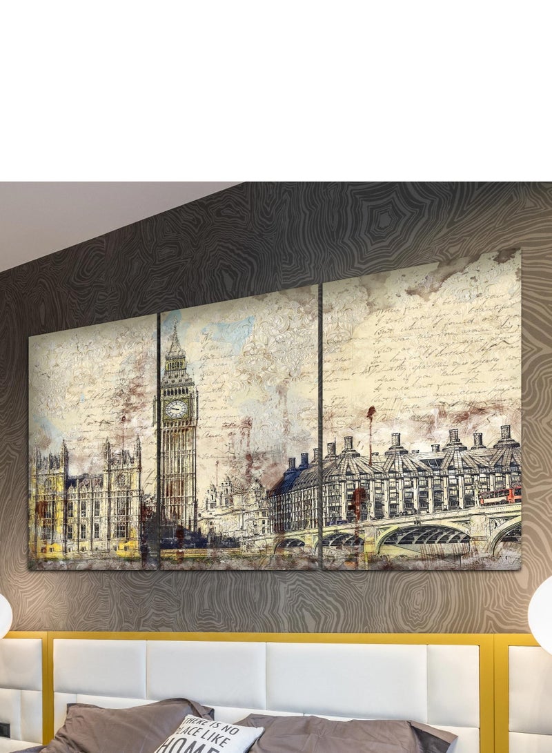 Droplyte 3 Piece Clock Tower Vintage Digital Painting Decorative Wall Art Wall Decor Card Board MDF Home Decor for Living Room, Drawing Room, Office Room and Bedroom 120CM x 60CM - Image 2