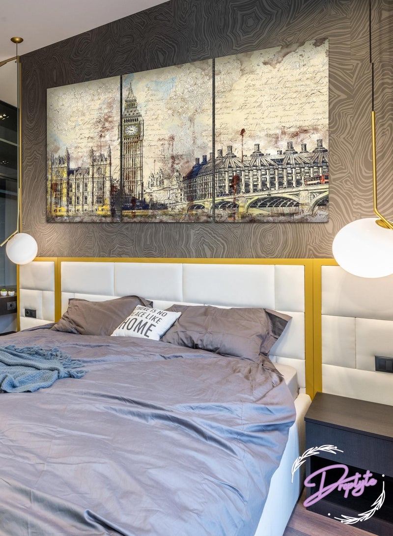 Droplyte 3 Piece Clock Tower Vintage Digital Painting Decorative Wall Art Wall Decor Card Board MDF Home Decor for Living Room, Drawing Room, Office Room and Bedroom 120CM x 60CM - Image 1