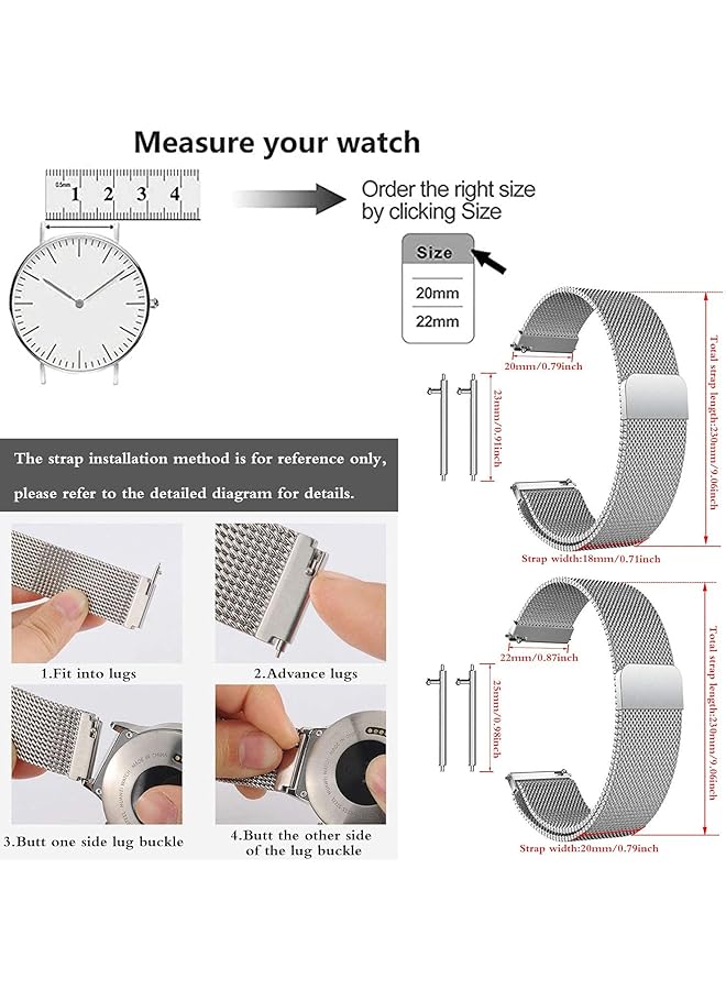 دبليو تيك سوار ساعة سريع الفك بعرض 20 مم و22 مم، مصنوع من الفولاذ المقاوم للصدأ، سوار شبكي ميلانو، سوار بديل بقفل مغناطيسي، سوار ساعة ذكية للرجال والنساء، فضي 22 مم - Image 4