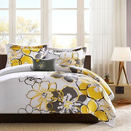 Intelligent Design Allison Comforter Set Fun Bedroom Décor Modern All Season Floral Vibrant Color Cozy Bedding Layer, Matching Sham, Decorative Pillow, Full/Queen, Yellow/Grey Duvet Cover - Image 1