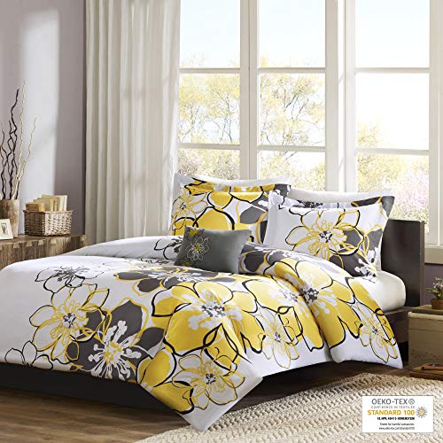 Intelligent Design Allison Comforter Set Fun Bedroom Décor Modern All Season Floral Vibrant Color Cozy Bedding Layer, Matching Sham, Decorative Pillow, Full/Queen, Yellow/Grey Duvet Cover - Image 3