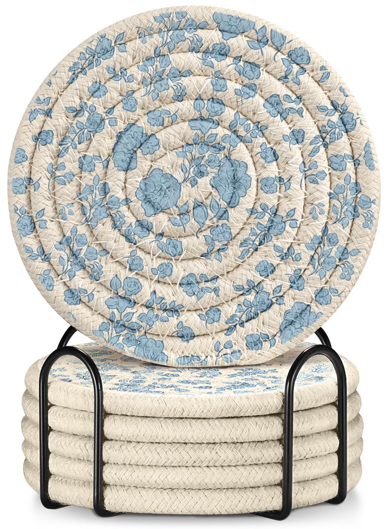 Kokaaee Drink Coasters Set of 6 - Cup Absorbent Coasters for Drinks Coffee Table Home Office Desk Decor Soft Woven Cotton Cloth Braided Fabric Drinking Cup Mat with Holder Cute Blue Flower Floral - Image 1