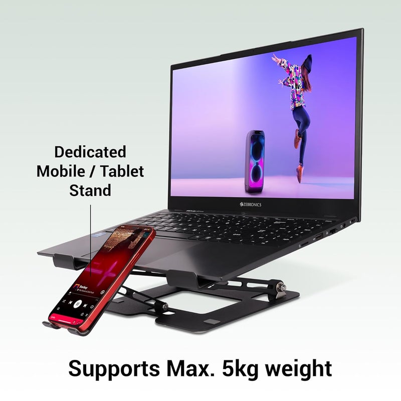 ZEBRONICS ZEBRONICS NS3500 Foldable Laptop Stand with Mobile Stand Upto 17 inch Laptop MultiAngle Adjustment AntiSlip Silicone Pads Carbon Steel Body AntiRust for Laptop Smartphones and Tablets  - Image 4