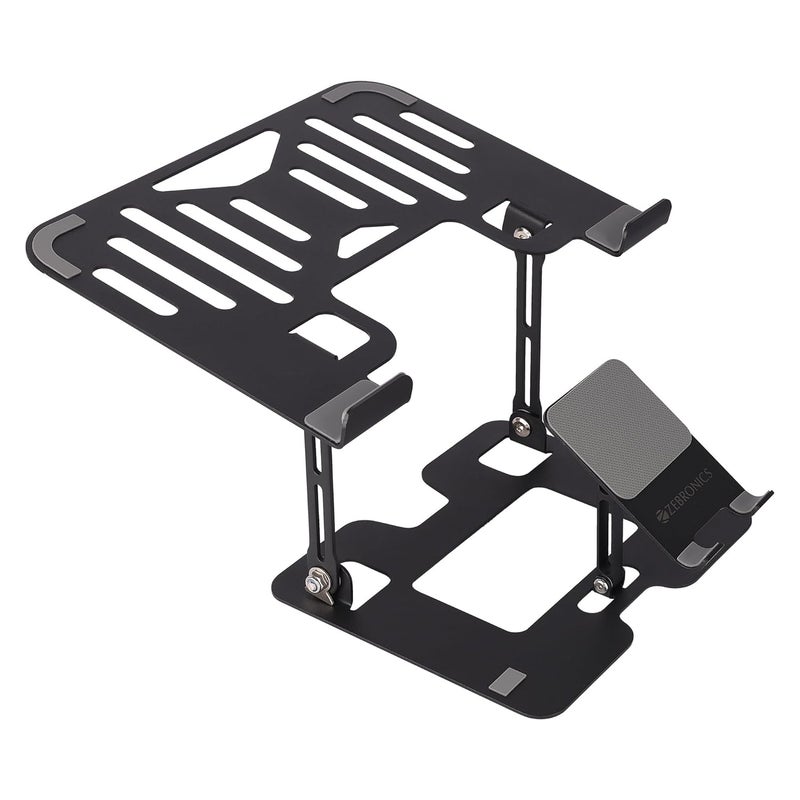 ZEBRONICS ZEBRONICS NS3500 Foldable Laptop Stand with Mobile Stand Upto 17 inch Laptop MultiAngle Adjustment AntiSlip Silicone Pads Carbon Steel Body AntiRust for Laptop Smartphones and Tablets  - Image 1