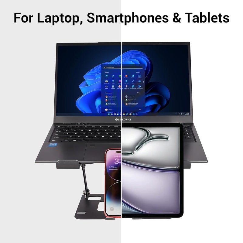 ZEBRONICS ZEBRONICS NS3500 Foldable Laptop Stand with Mobile Stand Upto 17 inch Laptop MultiAngle Adjustment AntiSlip Silicone Pads Carbon Steel Body AntiRust for Laptop Smartphones and Tablets  - Image 3