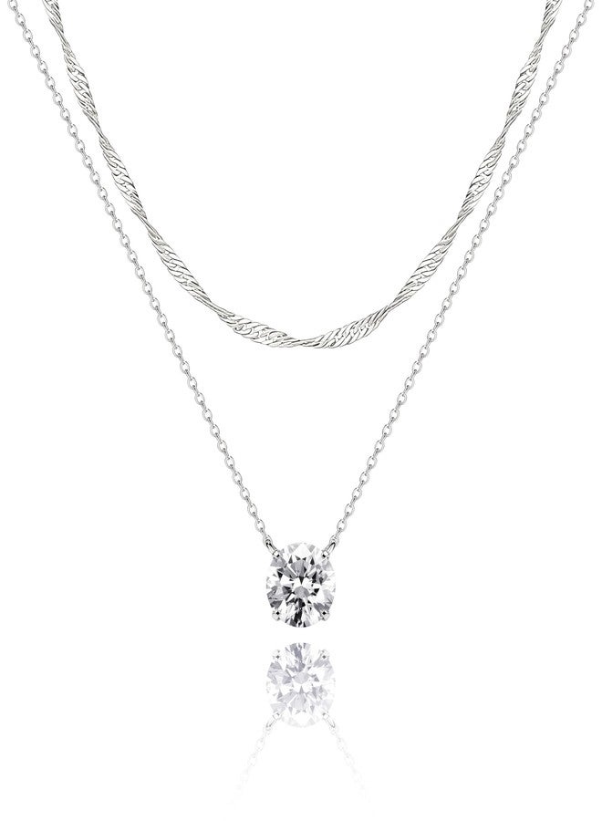 Poxtex قلادات فضية مرصعة بالألماس للنساء، قلادة رقيقة متعددة الطبقات مطلية بالذهب عيار 14 قيراطًا، سلسلة شوكر بسيطة، طقم مجوهرات عصري من الزركونيا المكعبة، هدايا للنساء، نحاس، زركونيا مكعبة - Image 1